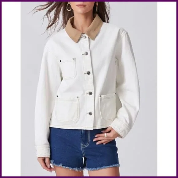 Oversized Denim Jacket with Corduroy Collar Loose Fit Shacket